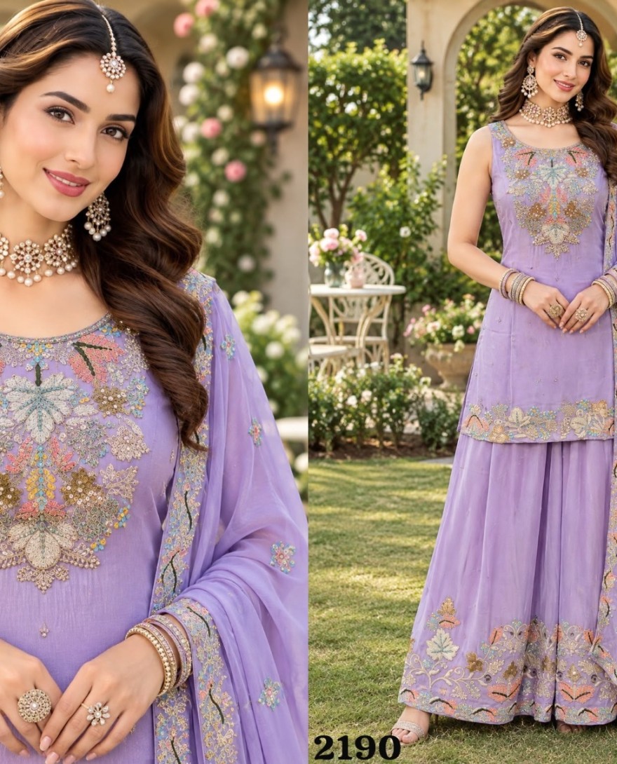 2190 - Lavender color Embroidered Chinon Salwar Suit